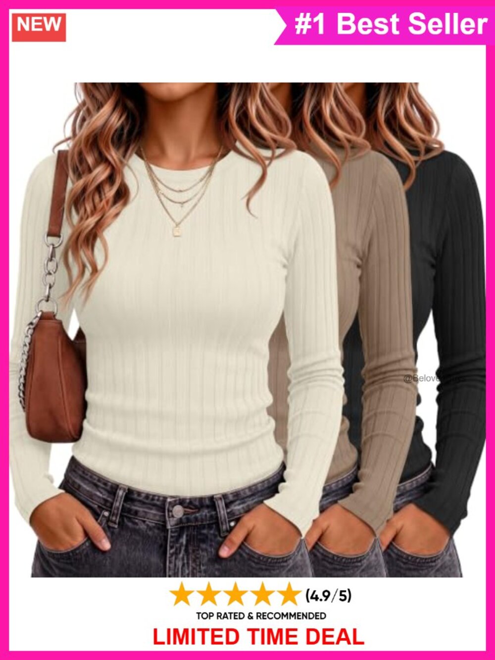 Womens Long Sleeve Tops Cotton Ribbed Slim Fit Crewneck 3 Pack
